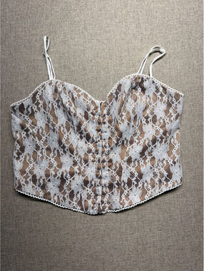 Beverly and Beck Medium Lace Corset Crop Top Brown Satin Hook Eye Bustier Cami